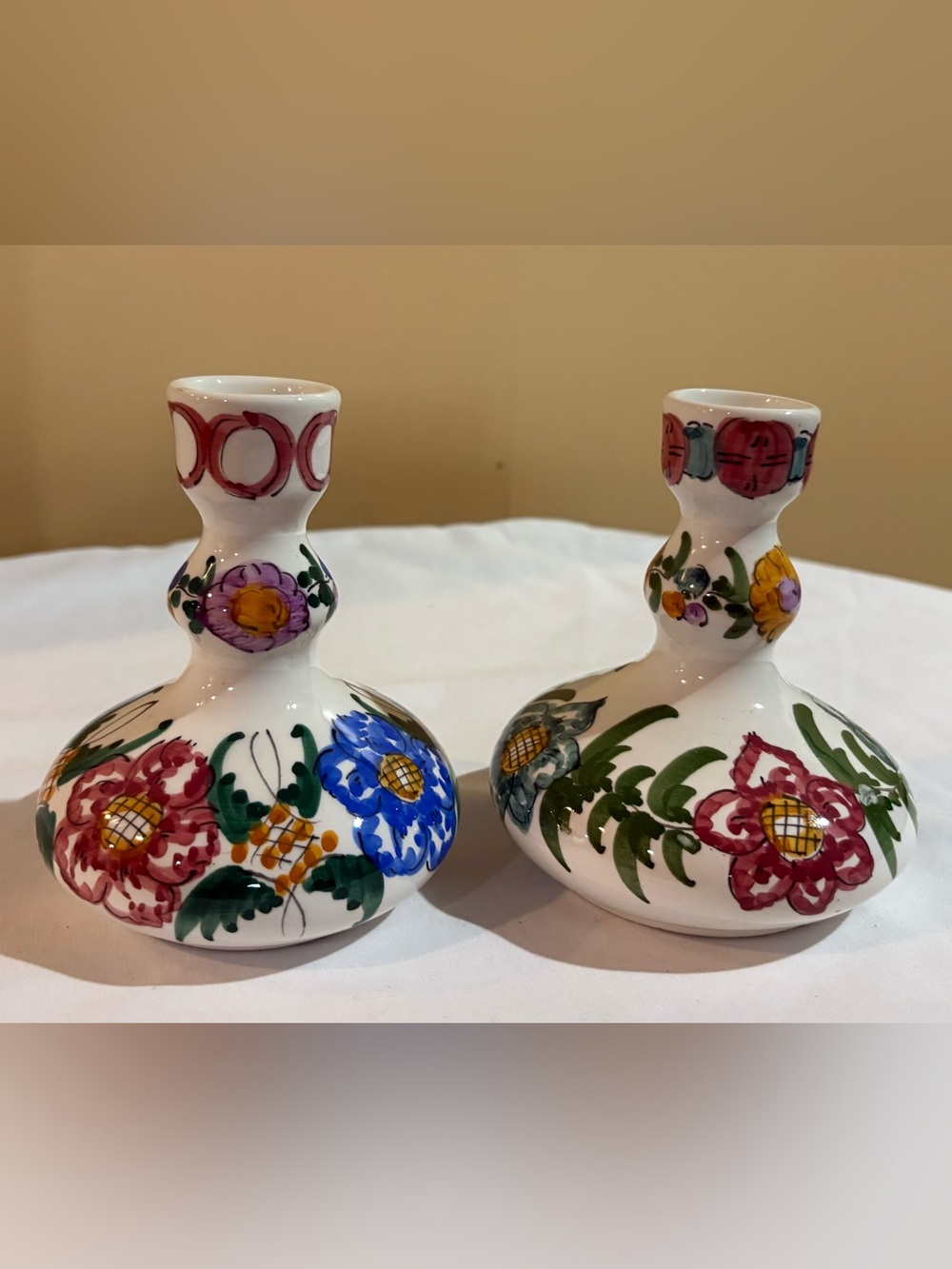 Vintage Hand-made &Painted Floral Ceramic Candle Holders -White with Multicolor